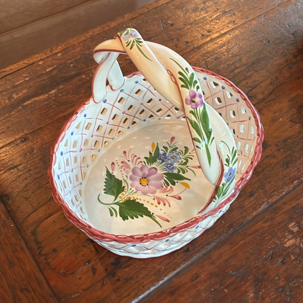 Vintage Portuguese Floral Ceramic Basket with Pink Trim